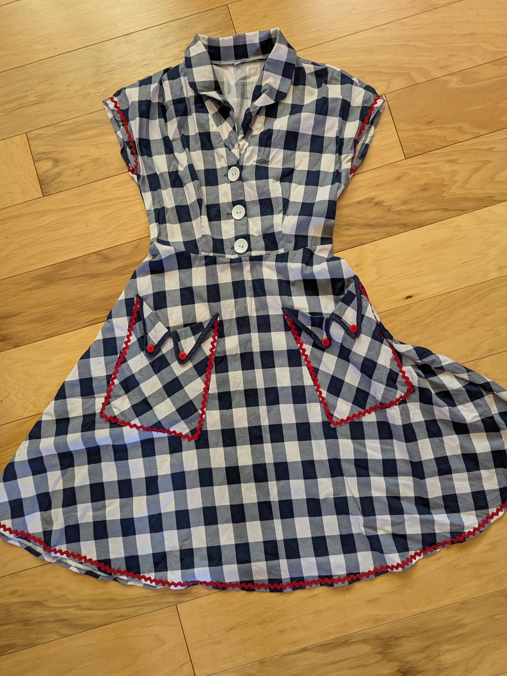 Navy & White Gingham Dress with Red Trim